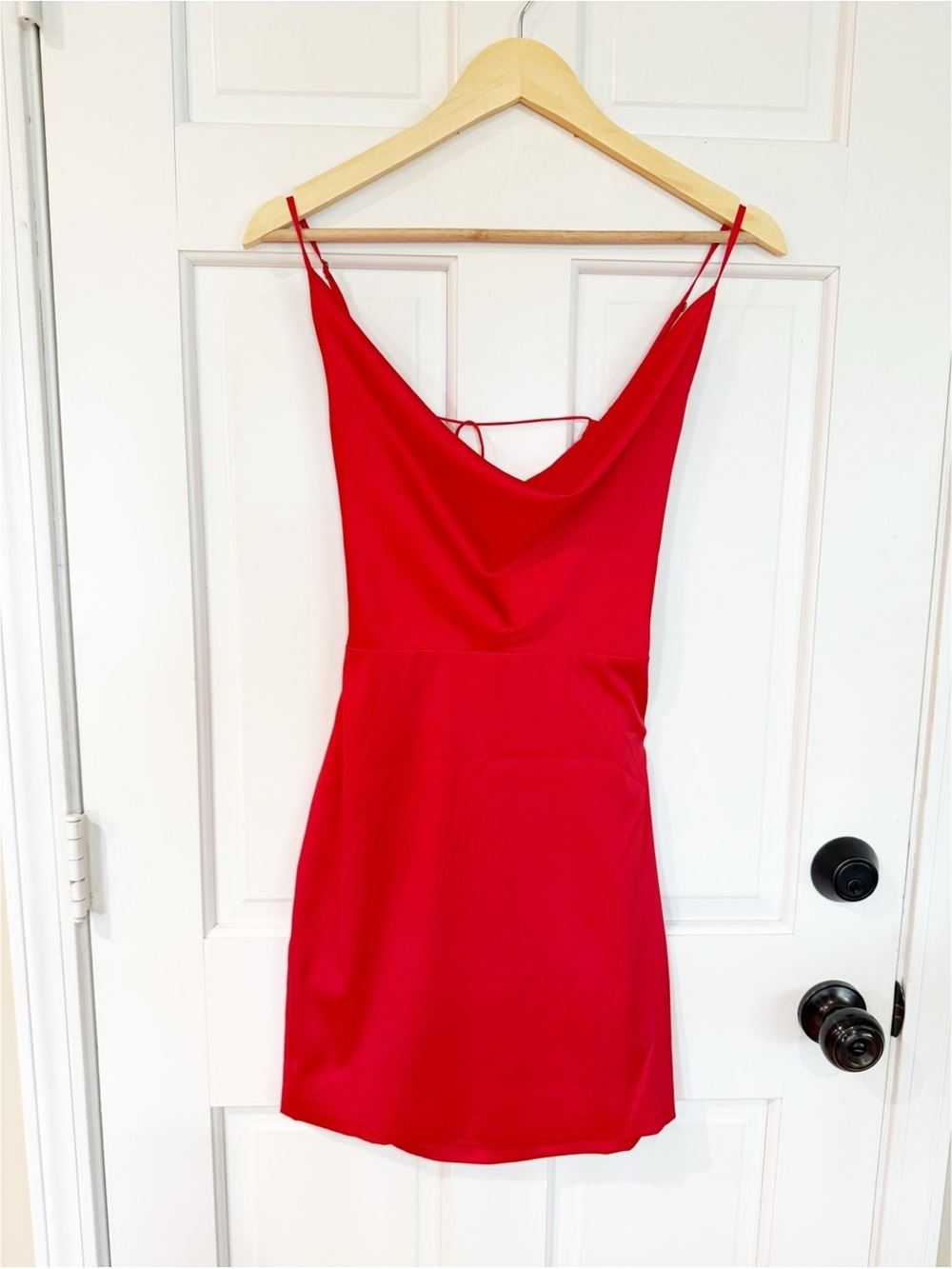 MESHKI Red Satin Lace-Up Back Mini Dress – Size Small - Picture 2 of 6